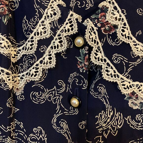 Vintage Dress 80s Victoria Ashley Lace Collar Button Front Floral Drop Waist - Picture 10 of 11